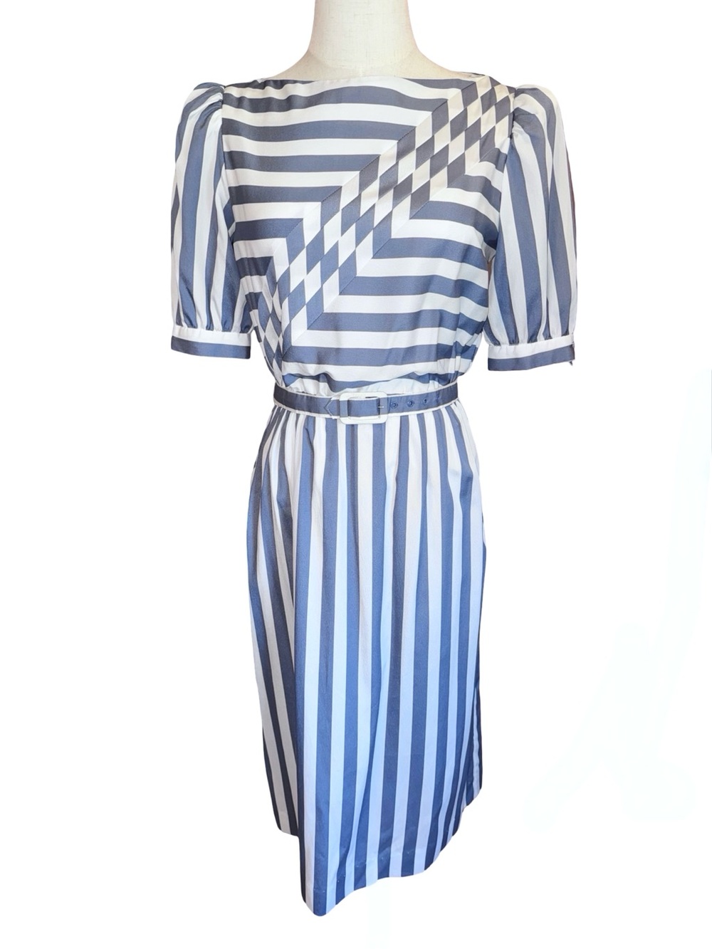 Vintage 80’s JT Dress White And Blue Striped Dress With Belt